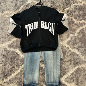 True Religion Kids Black Zip Hoodie with White Logo 3 Piece set NWT Size 4T